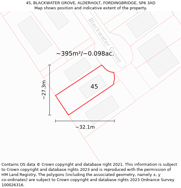 45, BLACKWATER GROVE, ALDERHOLT, FORDINGBRIDGE, SP6 3AD: Plot and title map