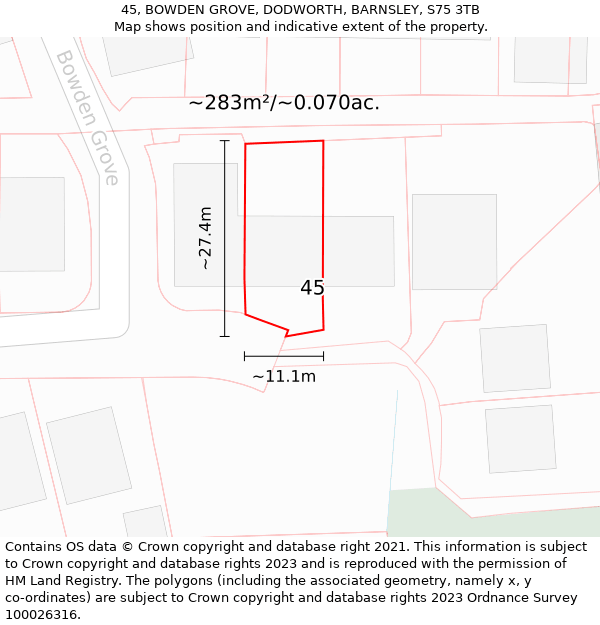 45, BOWDEN GROVE, DODWORTH, BARNSLEY, S75 3TB: Plot and title map