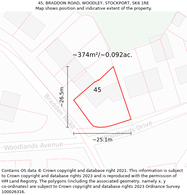 45, BRADDON ROAD, WOODLEY, STOCKPORT, SK6 1RE: Plot and title map