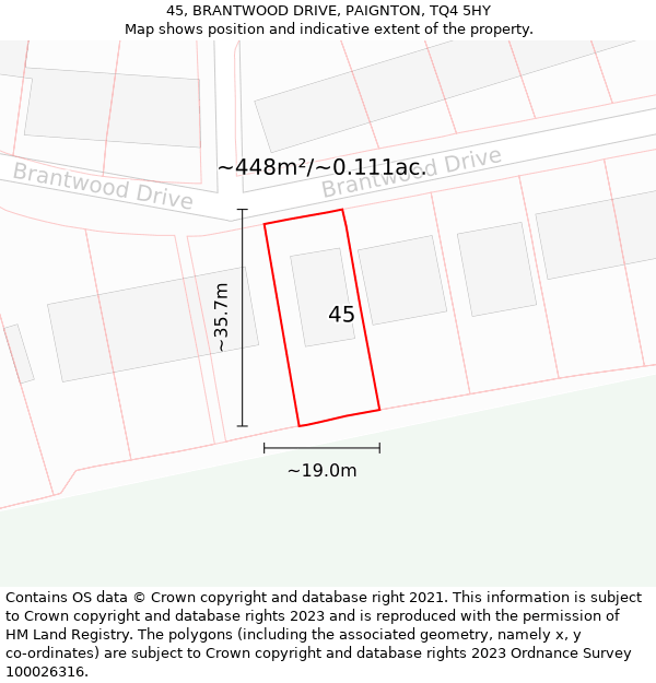 45, BRANTWOOD DRIVE, PAIGNTON, TQ4 5HY: Plot and title map