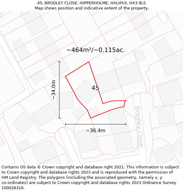 45, BRODLEY CLOSE, HIPPERHOLME, HALIFAX, HX3 8LS: Plot and title map