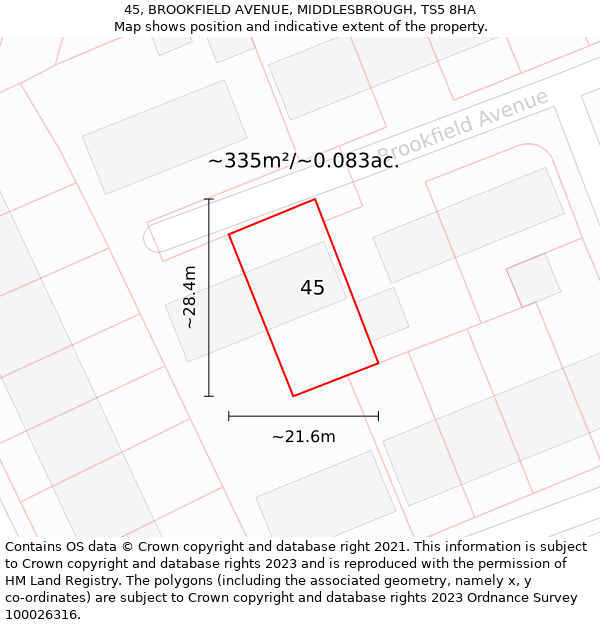 45, BROOKFIELD AVENUE, MIDDLESBROUGH, TS5 8HA: Plot and title map