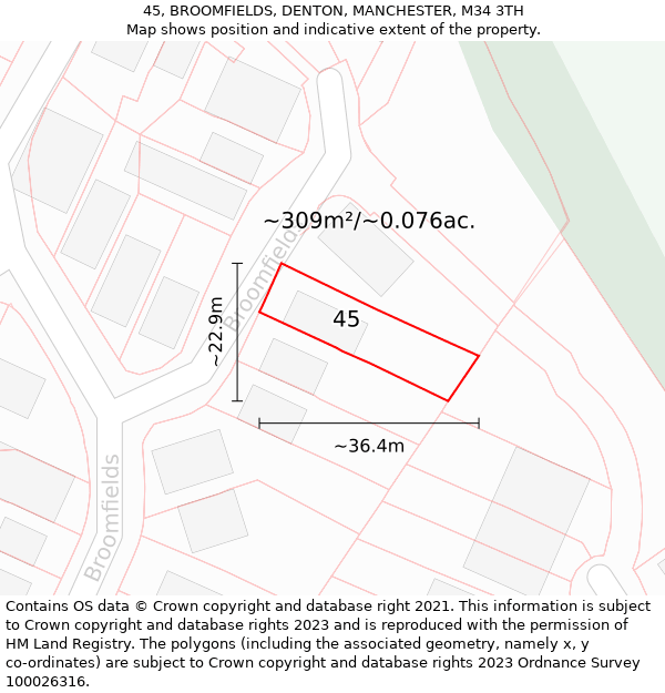 45, BROOMFIELDS, DENTON, MANCHESTER, M34 3TH: Plot and title map