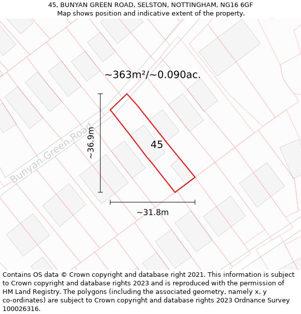 45, BUNYAN GREEN ROAD, SELSTON, NOTTINGHAM, NG16 6GF: Plot and title map