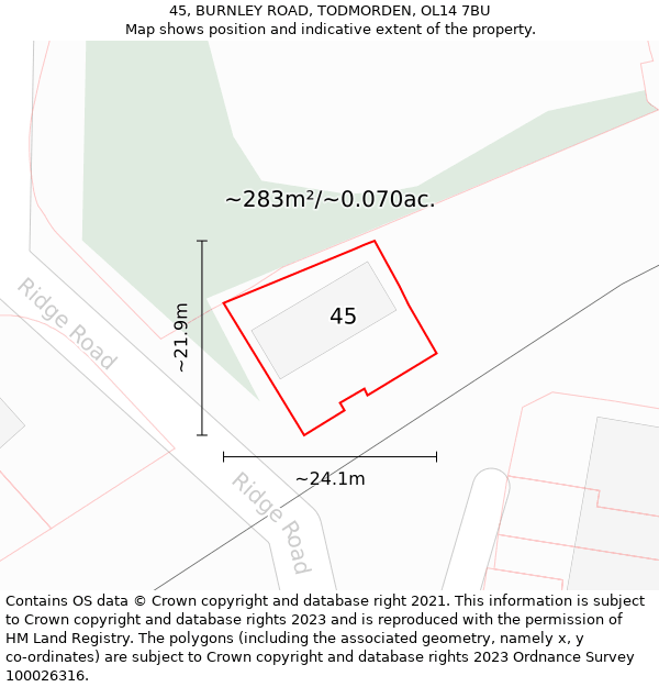 45, BURNLEY ROAD, TODMORDEN, OL14 7BU: Plot and title map