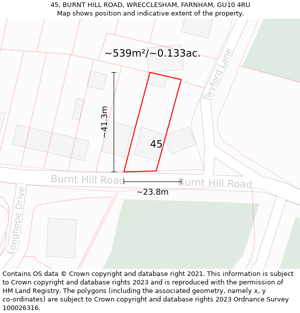 45, BURNT HILL ROAD, WRECCLESHAM, FARNHAM, GU10 4RU: Plot and title map