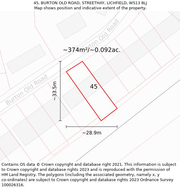 45, BURTON OLD ROAD, STREETHAY, LICHFIELD, WS13 8LJ: Plot and title map