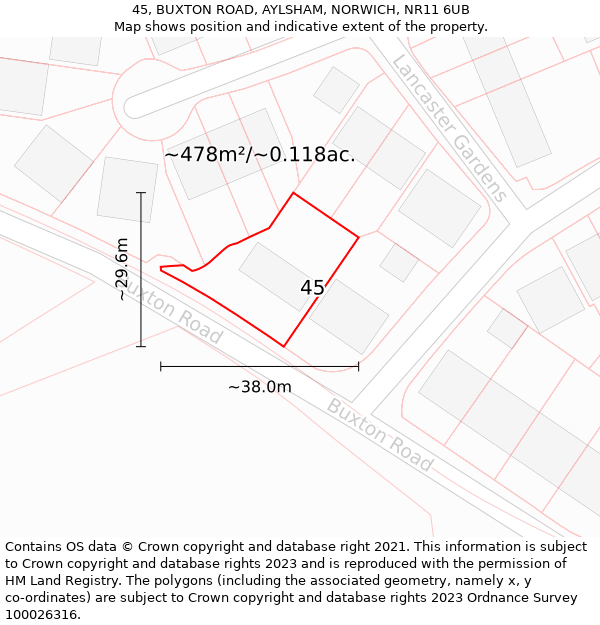 45, BUXTON ROAD, AYLSHAM, NORWICH, NR11 6UB: Plot and title map