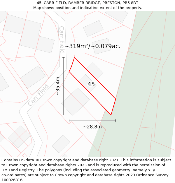 45, CARR FIELD, BAMBER BRIDGE, PRESTON, PR5 8BT: Plot and title map