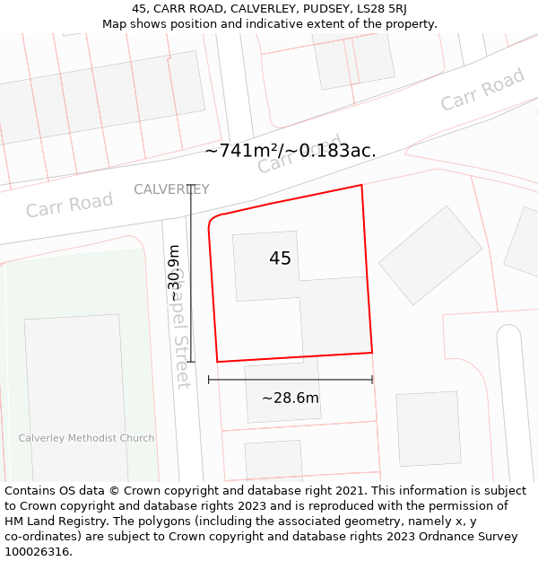 45, CARR ROAD, CALVERLEY, PUDSEY, LS28 5RJ: Plot and title map