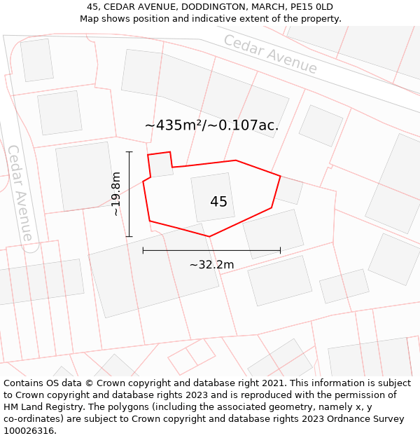 45, CEDAR AVENUE, DODDINGTON, MARCH, PE15 0LD: Plot and title map