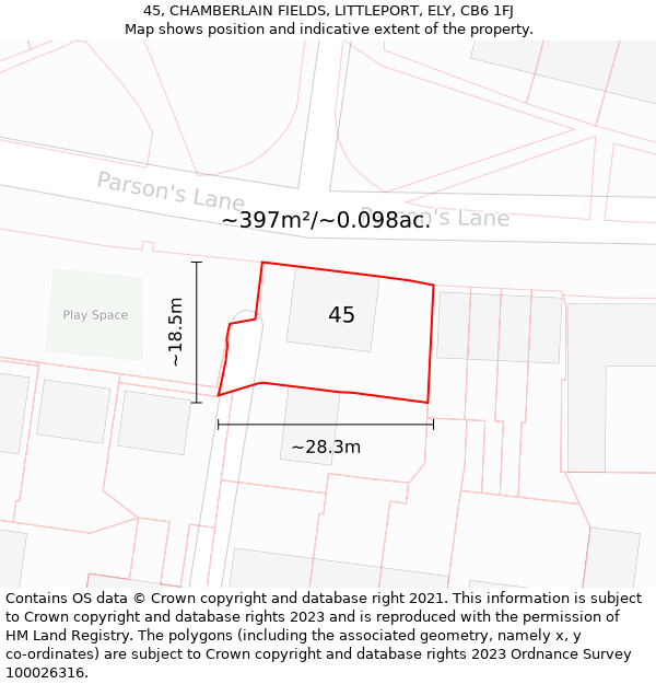 45, CHAMBERLAIN FIELDS, LITTLEPORT, ELY, CB6 1FJ: Plot and title map