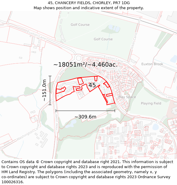 45, CHANCERY FIELDS, CHORLEY, PR7 1DG: Plot and title map