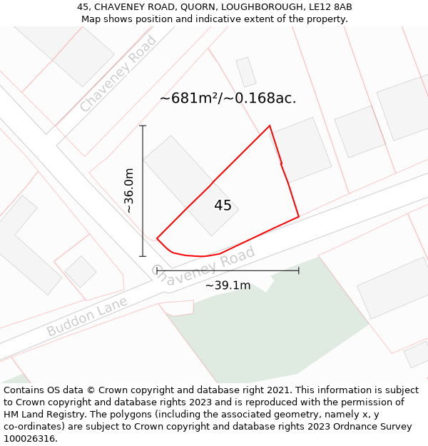 45, CHAVENEY ROAD, QUORN, LOUGHBOROUGH, LE12 8AB: Plot and title map