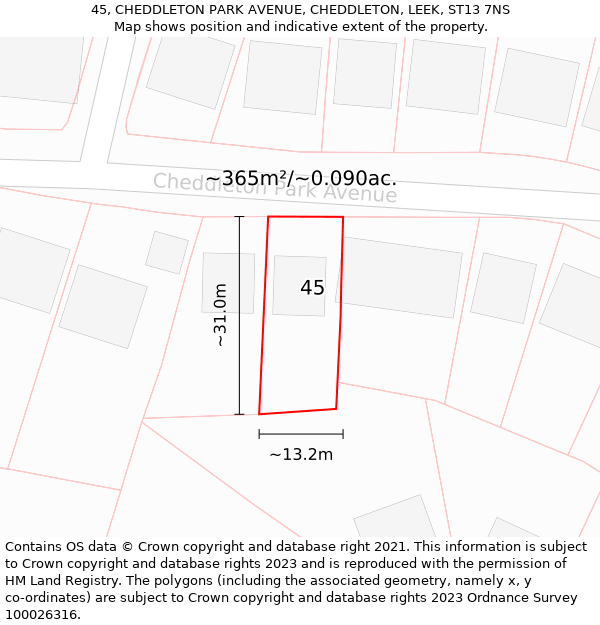 45, CHEDDLETON PARK AVENUE, CHEDDLETON, LEEK, ST13 7NS: Plot and title map