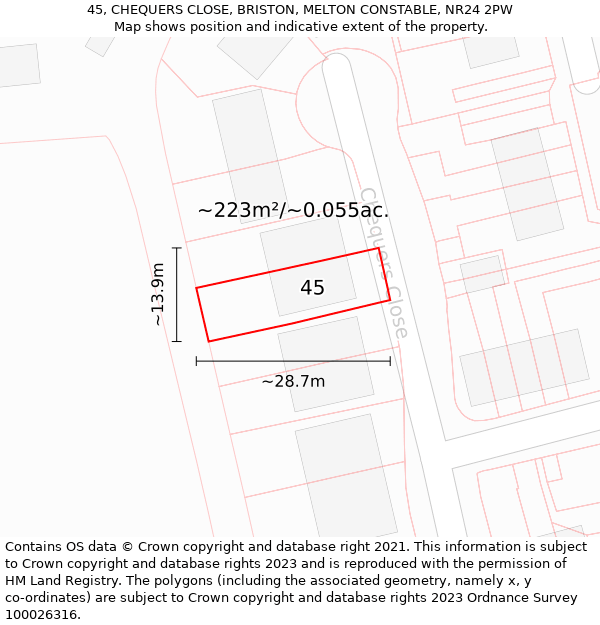 45, CHEQUERS CLOSE, BRISTON, MELTON CONSTABLE, NR24 2PW: Plot and title map