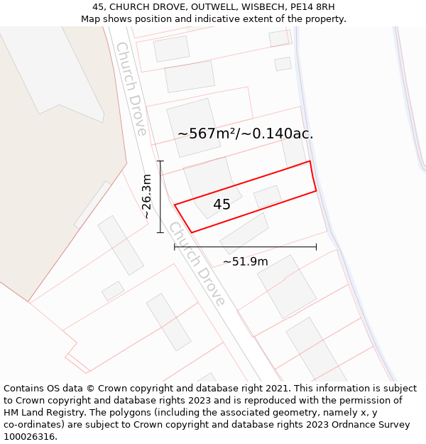 45, CHURCH DROVE, OUTWELL, WISBECH, PE14 8RH: Plot and title map