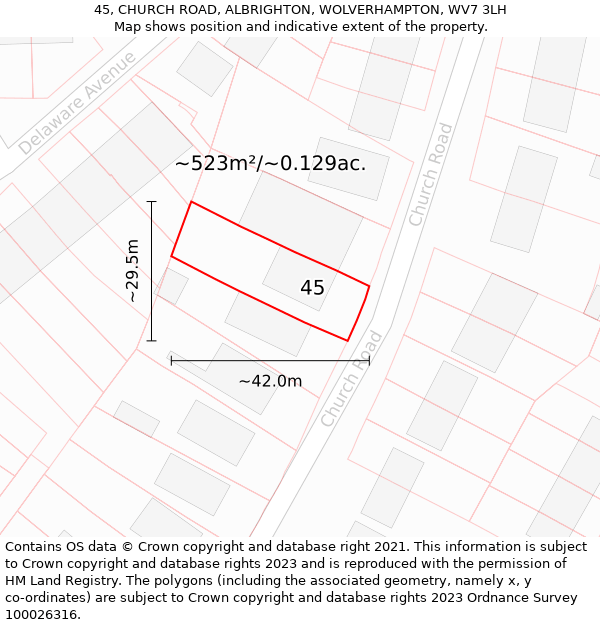 45, CHURCH ROAD, ALBRIGHTON, WOLVERHAMPTON, WV7 3LH: Plot and title map