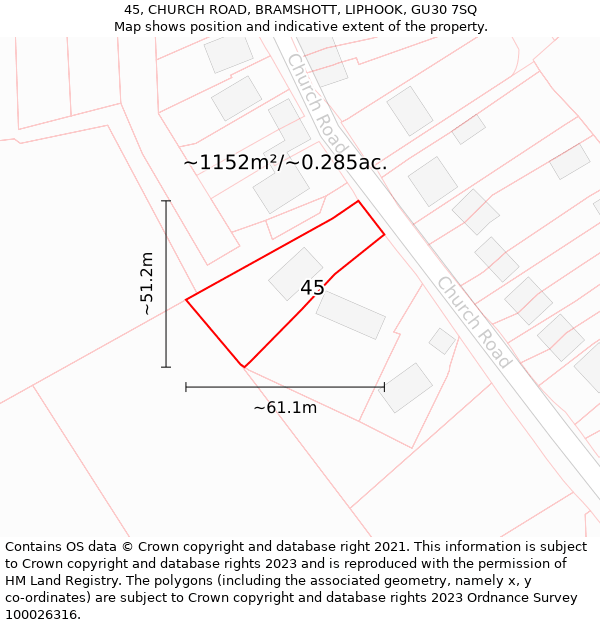 45, CHURCH ROAD, BRAMSHOTT, LIPHOOK, GU30 7SQ: Plot and title map