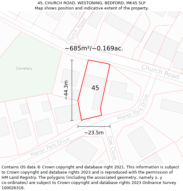 45, CHURCH ROAD, WESTONING, BEDFORD, MK45 5LP: Plot and title map