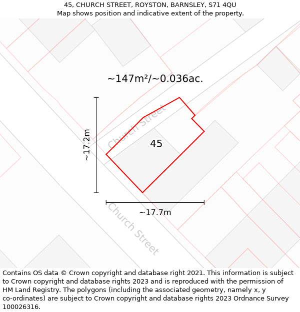 45, CHURCH STREET, ROYSTON, BARNSLEY, S71 4QU: Plot and title map