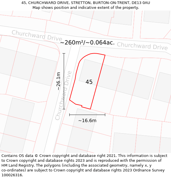 45, CHURCHWARD DRIVE, STRETTON, BURTON-ON-TRENT, DE13 0AU: Plot and title map