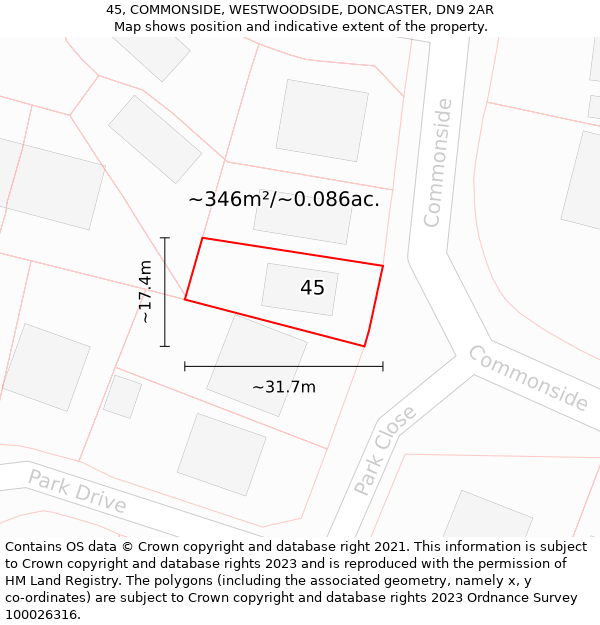 45, COMMONSIDE, WESTWOODSIDE, DONCASTER, DN9 2AR: Plot and title map