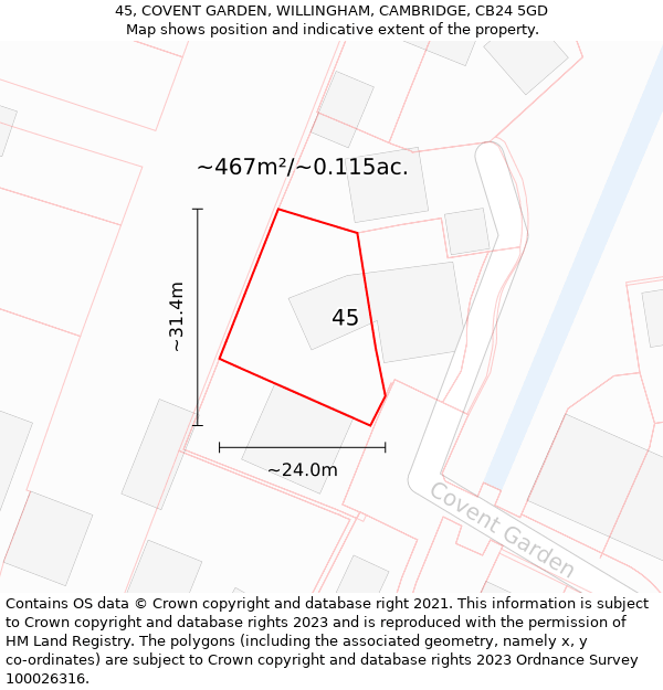 45, COVENT GARDEN, WILLINGHAM, CAMBRIDGE, CB24 5GD: Plot and title map