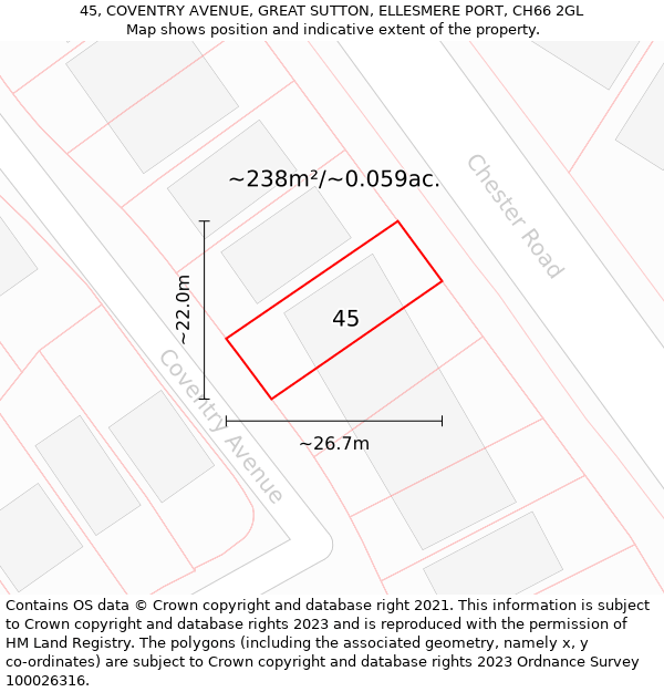 45, COVENTRY AVENUE, GREAT SUTTON, ELLESMERE PORT, CH66 2GL: Plot and title map