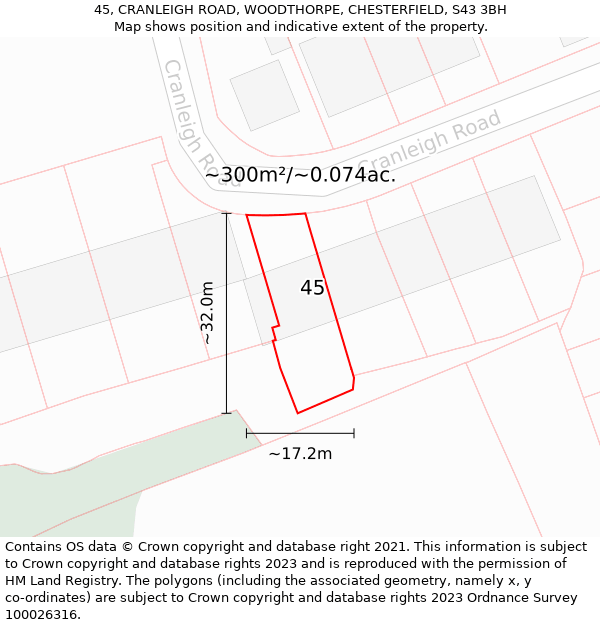 45, CRANLEIGH ROAD, WOODTHORPE, CHESTERFIELD, S43 3BH: Plot and title map