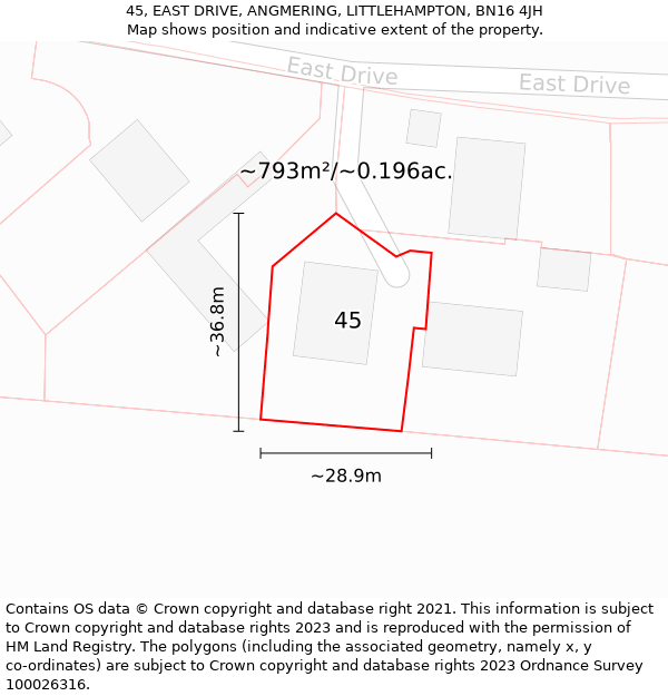 45, EAST DRIVE, ANGMERING, LITTLEHAMPTON, BN16 4JH: Plot and title map