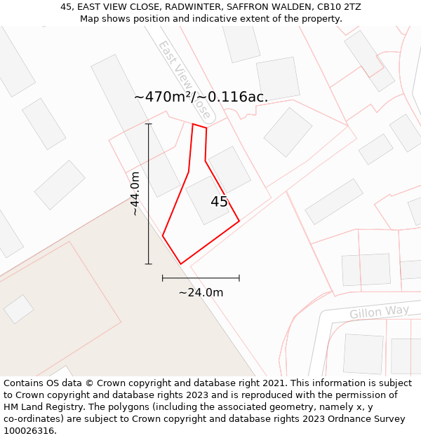 45, EAST VIEW CLOSE, RADWINTER, SAFFRON WALDEN, CB10 2TZ: Plot and title map