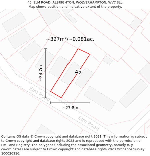 45, ELM ROAD, ALBRIGHTON, WOLVERHAMPTON, WV7 3LL: Plot and title map