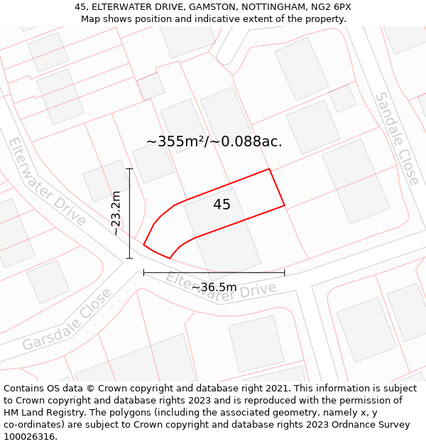 45, ELTERWATER DRIVE, GAMSTON, NOTTINGHAM, NG2 6PX: Plot and title map