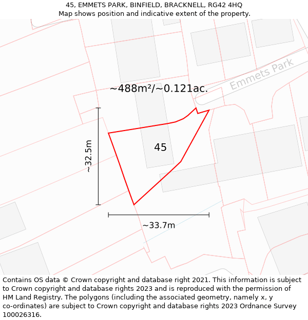 45, EMMETS PARK, BINFIELD, BRACKNELL, RG42 4HQ: Plot and title map