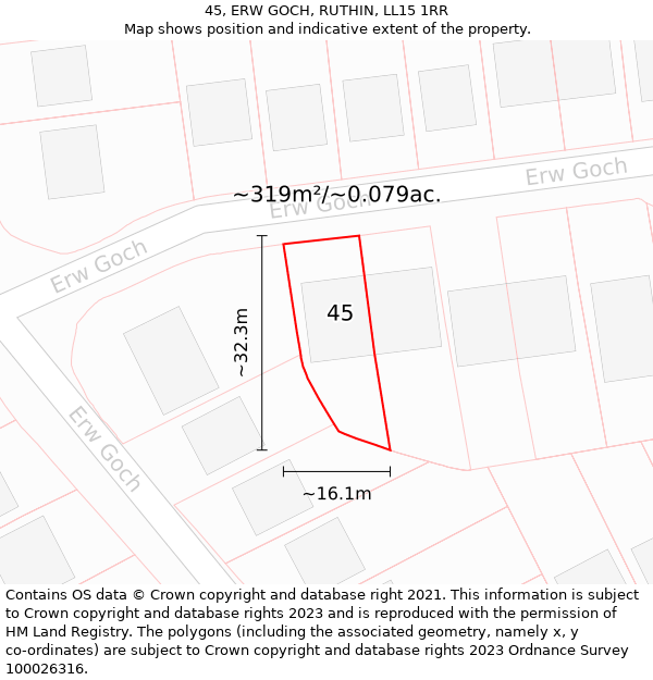 45, ERW GOCH, RUTHIN, LL15 1RR: Plot and title map