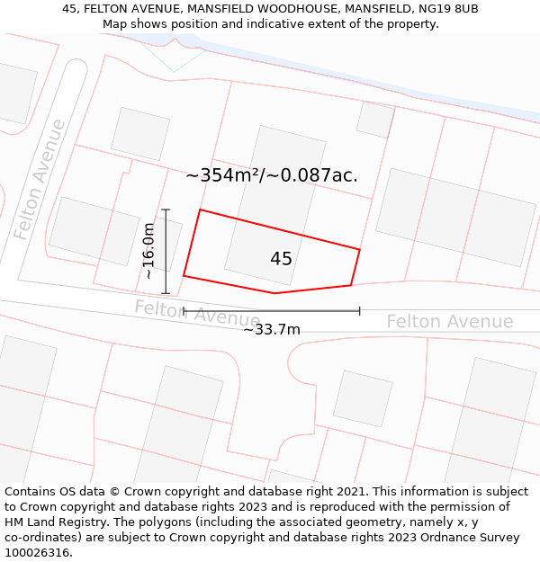 45, FELTON AVENUE, MANSFIELD WOODHOUSE, MANSFIELD, NG19 8UB: Plot and title map