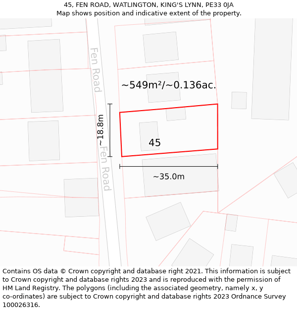 45, FEN ROAD, WATLINGTON, KING'S LYNN, PE33 0JA: Plot and title map