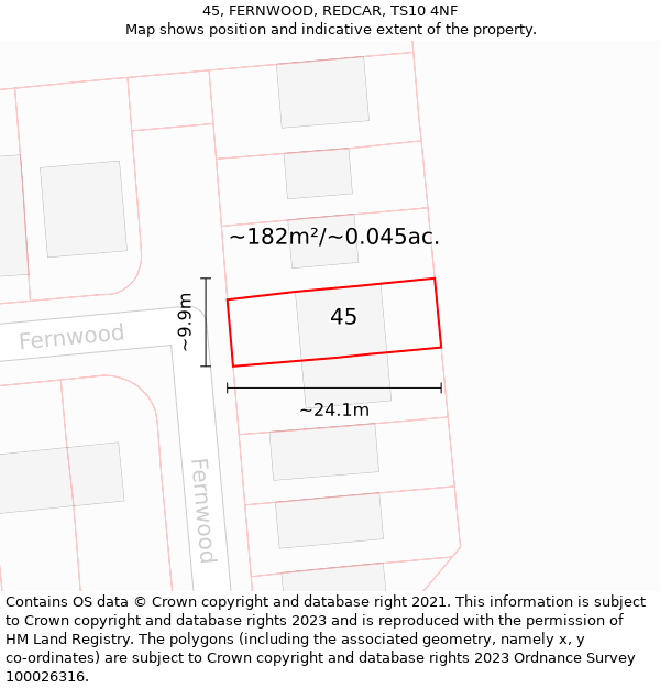 45, FERNWOOD, REDCAR, TS10 4NF: Plot and title map