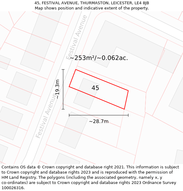 45, FESTIVAL AVENUE, THURMASTON, LEICESTER, LE4 8JB: Plot and title map