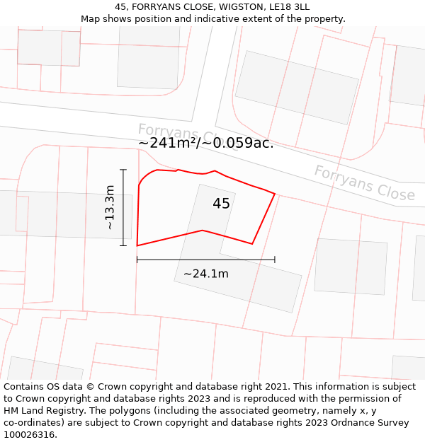 45, FORRYANS CLOSE, WIGSTON, LE18 3LL: Plot and title map