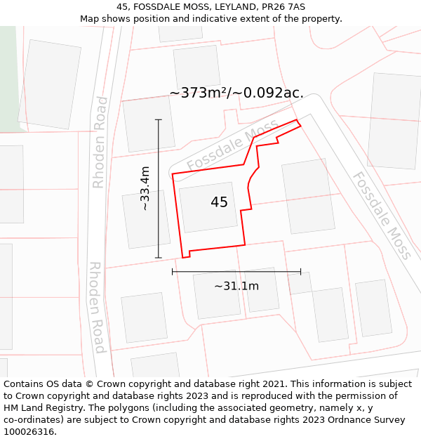 45, FOSSDALE MOSS, LEYLAND, PR26 7AS: Plot and title map