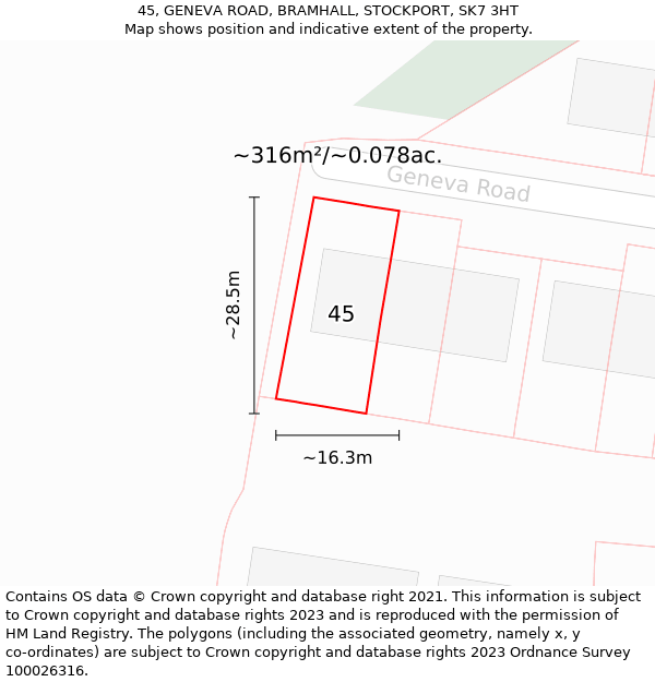 45, GENEVA ROAD, BRAMHALL, STOCKPORT, SK7 3HT: Plot and title map