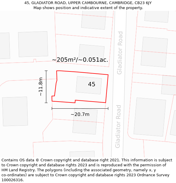 45, GLADIATOR ROAD, UPPER CAMBOURNE, CAMBRIDGE, CB23 6JY: Plot and title map