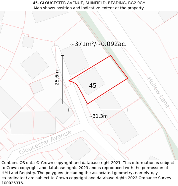 45, GLOUCESTER AVENUE, SHINFIELD, READING, RG2 9GA: Plot and title map