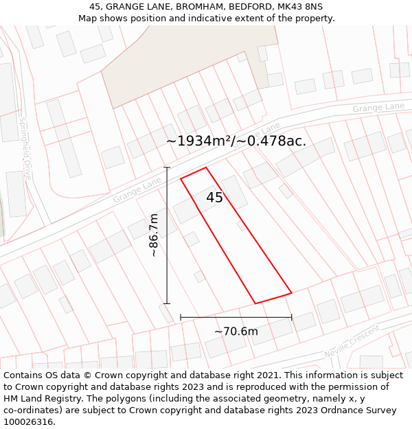 45, GRANGE LANE, BROMHAM, BEDFORD, MK43 8NS: Plot and title map