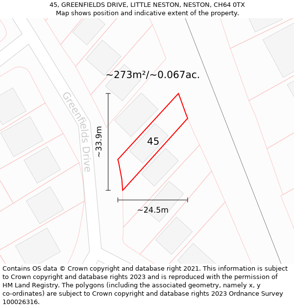 45, GREENFIELDS DRIVE, LITTLE NESTON, NESTON, CH64 0TX: Plot and title map