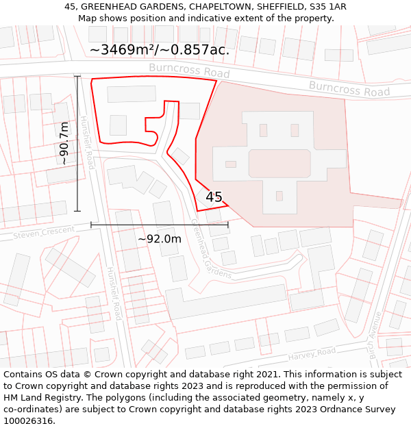 45, GREENHEAD GARDENS, CHAPELTOWN, SHEFFIELD, S35 1AR: Plot and title map