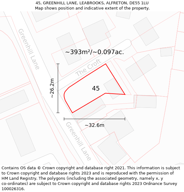 45, GREENHILL LANE, LEABROOKS, ALFRETON, DE55 1LU: Plot and title map