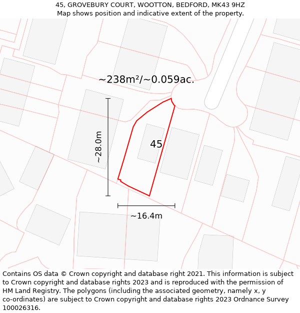 45, GROVEBURY COURT, WOOTTON, BEDFORD, MK43 9HZ: Plot and title map